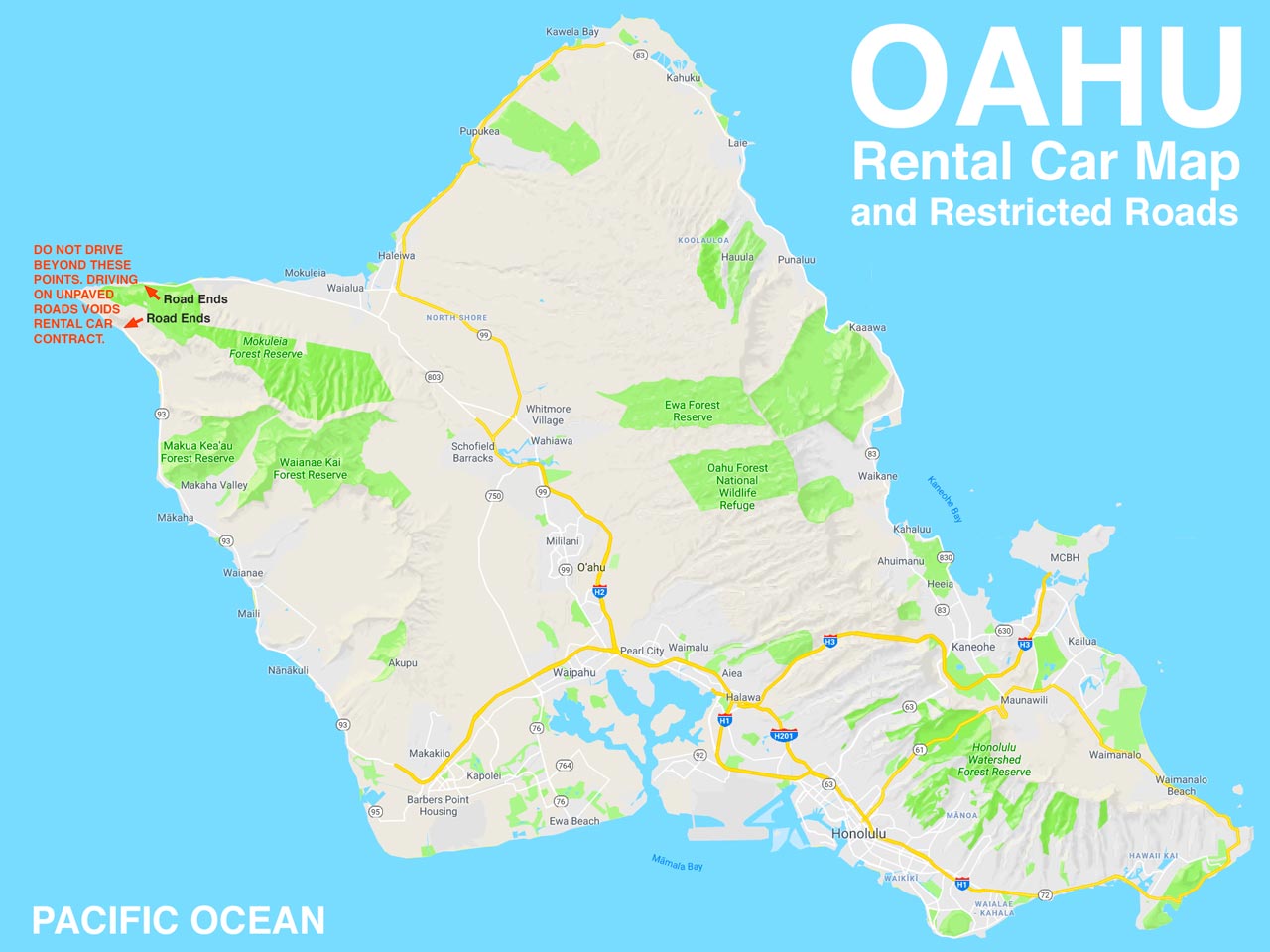 Oahu car rental map with off-limit roads shown